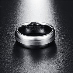 Men's 8mm Brushed Silver Inlay Polished Silver Tungsten Carbide Ring