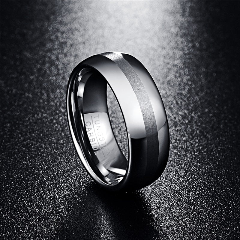 Men's 8mm Brushed Silver Inlay Polished Silver Tungsten Carbide Ring