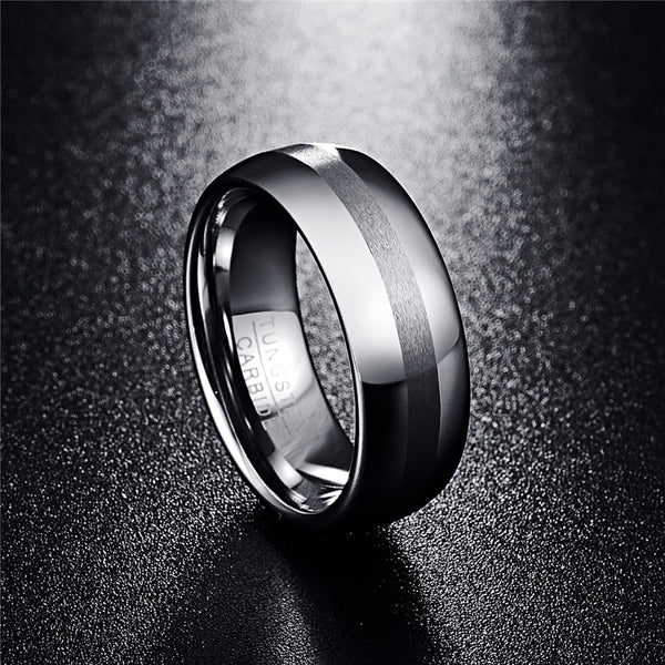 Men's 8mm Brushed Silver Inlay Polished Silver Tungsten Carbide Ring
