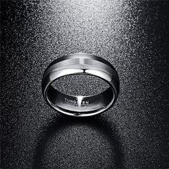 Men's 8mm Brushed Silver Inlay Polished Silver Tungsten Carbide Ring