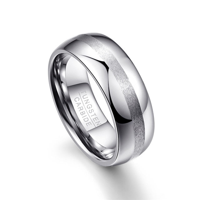 Men's 8mm Brushed Silver Inlay Polished Silver Tungsten Carbide Ring