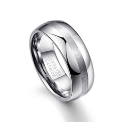 Men's 8mm Brushed Silver Inlay Polished Silver Tungsten Carbide Ring