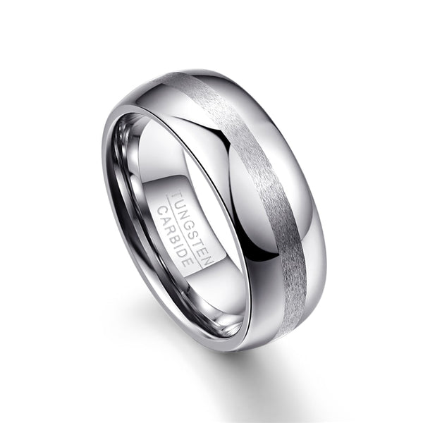 Men's 8mm Brushed Silver Inlay Polished Silver Tungsten Carbide Ring