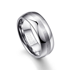 Men's 8mm Brushed Silver Inlay Polished Silver Tungsten Carbide Ring