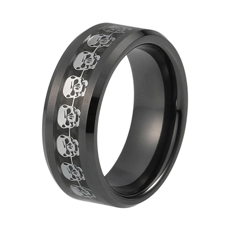 Men's 8mm Silver Skull Inlay Black Tungsten Carbide Ring