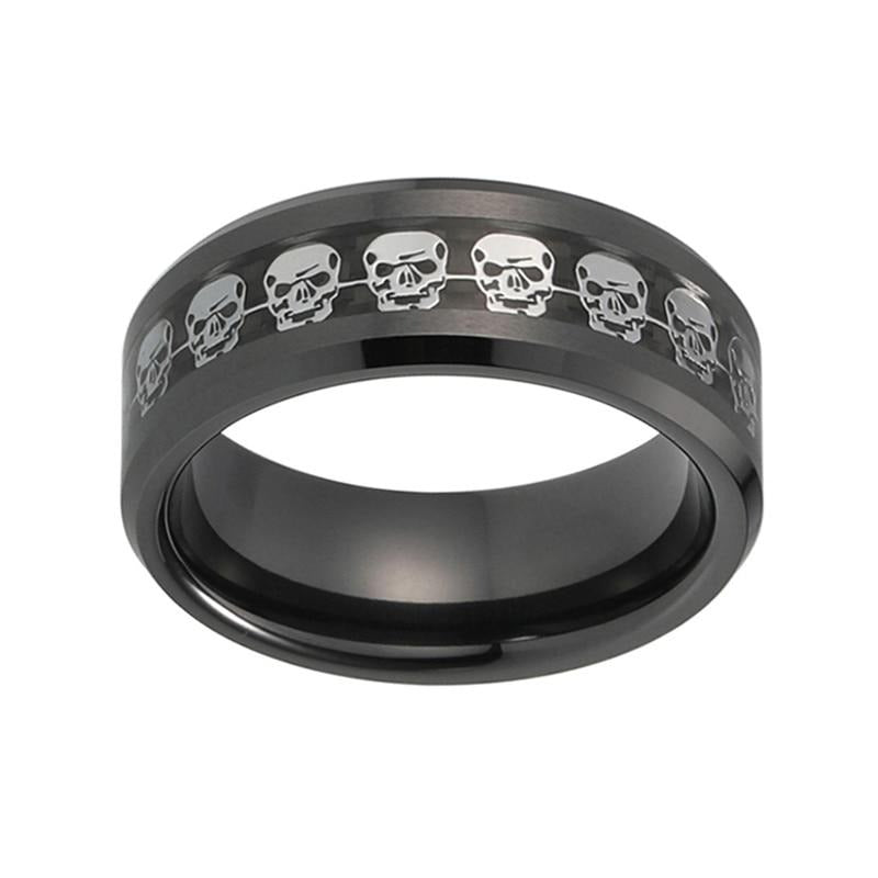 Men's 8mm Silver Skull Inlay Black Tungsten Carbide Ring