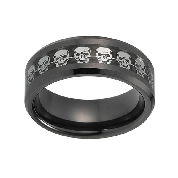 Men's 8mm Silver Skull Inlay Black Tungsten Carbide Ring