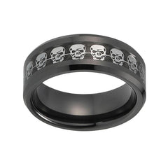 Men's 8mm Silver Skull Inlay Black Tungsten Carbide Ring