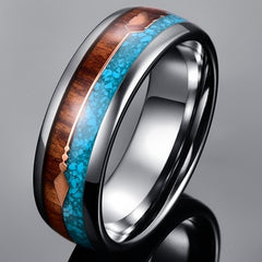 Men's 9mm Wood and Blue Opal Tungsten Carbide Ring