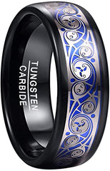 Men's 8mm Inlaid Blue Triple Spiral Pattern Black Tungsten Carbide Ring