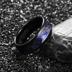 Men's 8mm Inlaid Blue Triple Spiral Pattern Black Tungsten Carbide Ring