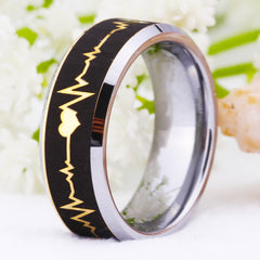 Men's 8mm Gold Laser Etched Heart Beat Silver Inner Tungsten Carbide Ring