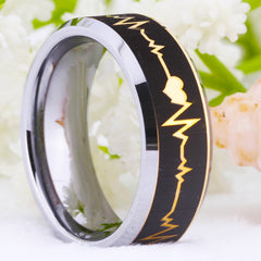 Men's 8mm Gold Laser Etched Heart Beat Silver Inner Tungsten Carbide Ring