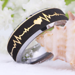 Men's 8mm Gold Laser Etched Heart Beat Silver Inner Tungsten Carbide Ring