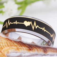 Men's 8mm Gold Laser Etched Heart Beat Silver Inner Tungsten Carbide Ring