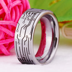Men's 8mm Etched Circuit Board Polished Silver Tungsten Carbide Ring