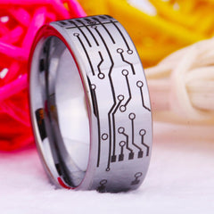 Men's 8mm Etched Circuit Board Polished Silver Tungsten Carbide Ring