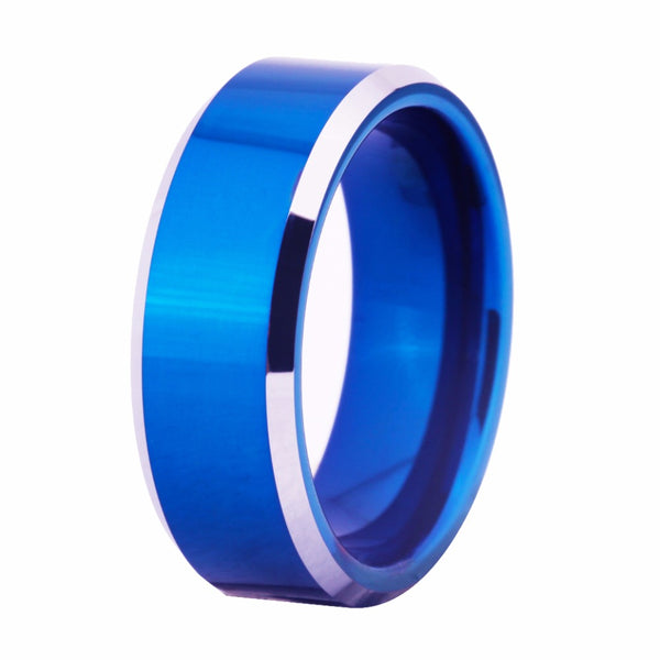 Men's 8mm Polished Bevel Blue Tungsten Carbide Ring