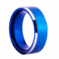 Men's 8mm Polished Bevel Blue Tungsten Carbide Ring