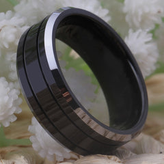 Men's 8mm Double Groove Black Tungsten Carbide Ring