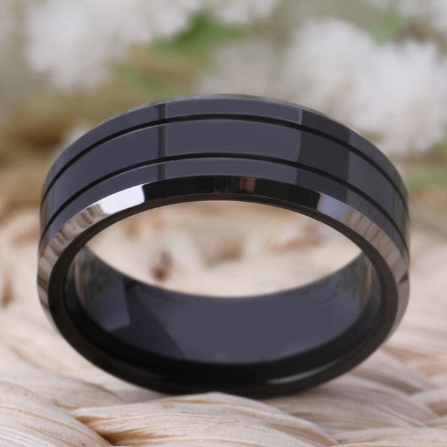 Men's 8mm Double Groove Black Tungsten Carbide Ring