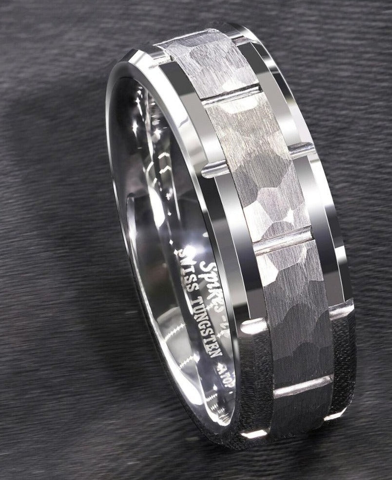 Men's 8mm Hammered Silver Inlay Silver Tungsten Carbide Ring