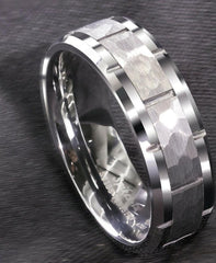 Men's 8mm Hammered Silver Inlay Silver Tungsten Carbide Ring