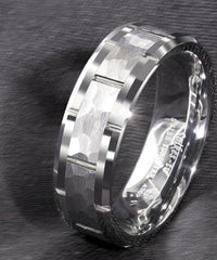 Men's 8mm Hammered Silver Inlay Silver Tungsten Carbide Ring