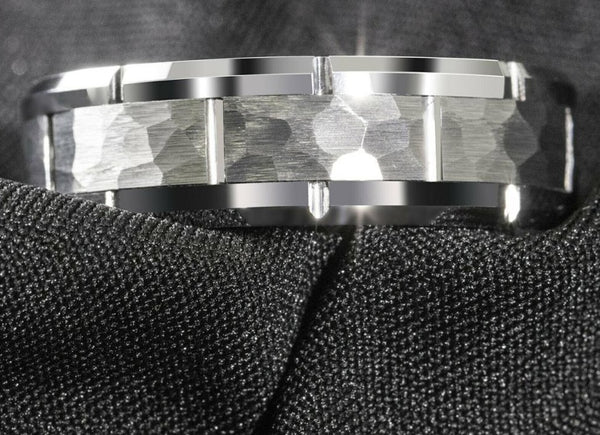 Men's 8mm Hammered Silver Inlay Silver Tungsten Carbide Ring