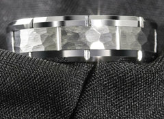 Men's 8mm Hammered Silver Inlay Silver Tungsten Carbide Ring