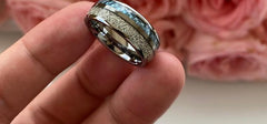 Men's 8mm Blue Stone and Meteorite Inlay Polished Silver Dome Tungsten Carbide Ring