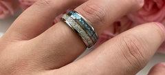 Men's 8mm Blue Stone and Meteorite Inlay Polished Silver Dome Tungsten Carbide Ring