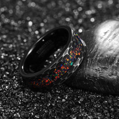 Men's 8mm Inlaid Opal Hammer Bevel Black Tungsten Carbide Ring