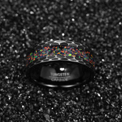Men's 8mm Inlaid Opal Hammer Bevel Black Tungsten Carbide Ring