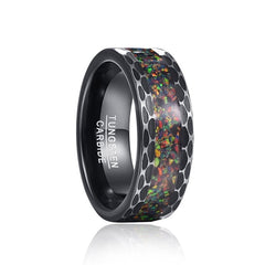 Men's 8mm Inlaid Opal Hammer Bevel Black Tungsten Carbide Ring