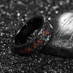 Men's 8mm Inlaid Opal Hammer Bevel Black Tungsten Carbide Ring