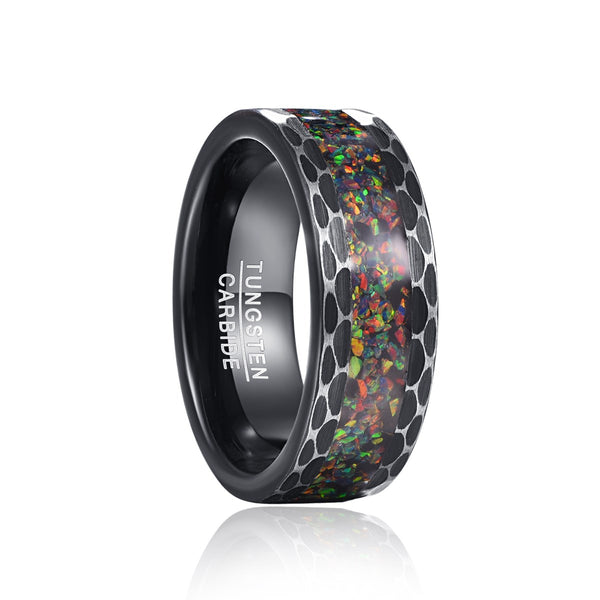 Men's 8mm Inlaid Opal Hammer Bevel Black Tungsten Carbide Ring
