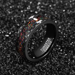 Men's 8mm Inlaid Opal Hammer Bevel Black Tungsten Carbide Ring