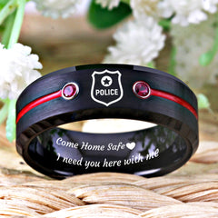 Men's Police Officer 'Come Home Safe' Red CZ Black Tungsten Carbide Ring