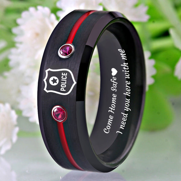 Men's Police Officer 'Come Home Safe' Red CZ Black Tungsten Carbide Ring