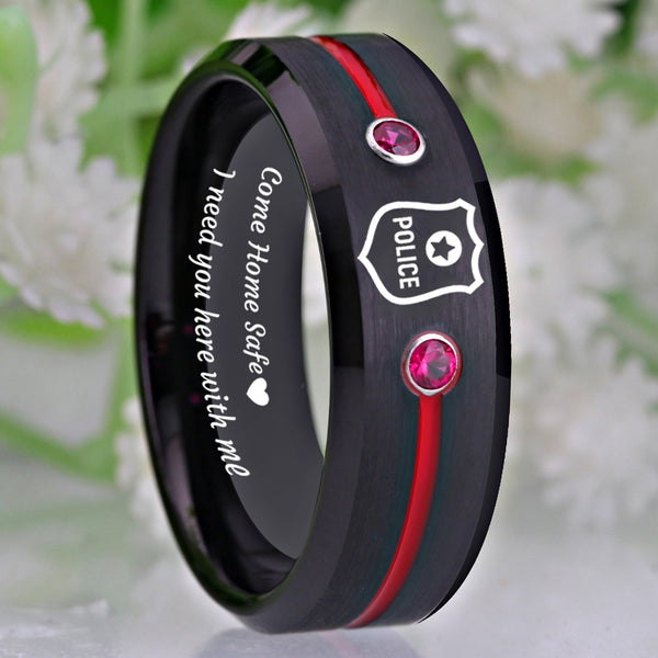 Men's Police Officer 'Come Home Safe' Red CZ Black Tungsten Carbide Ring
