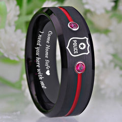 Men's Police Officer 'Come Home Safe' Red CZ Black Tungsten Carbide Ring