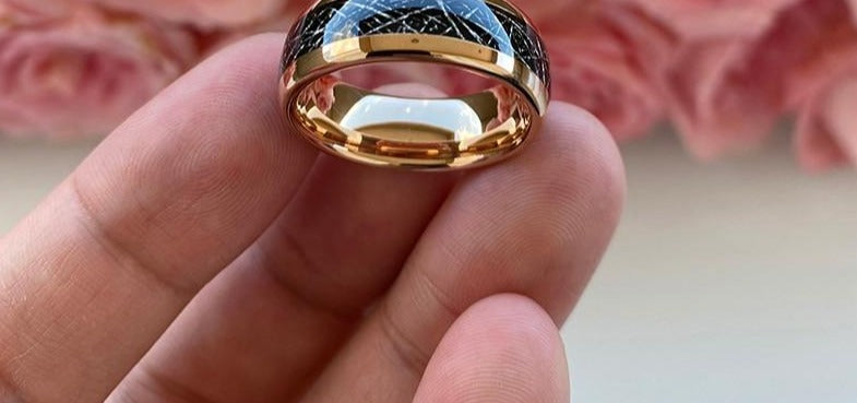 Men's 8mm Black Meteorite Inlay Rose Gold Tungsten Carbide Ring