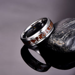 Men's 8mm Phoenician Pattern Wood Inlay Silver Tungsten Carbide Ring