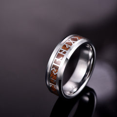 Men's 8mm Phoenician Pattern Wood Inlay Silver Tungsten Carbide Ring