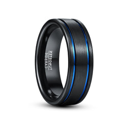 Men's 8mm Double Blue Groove Frosted Black Tungsten Carbide Ring
