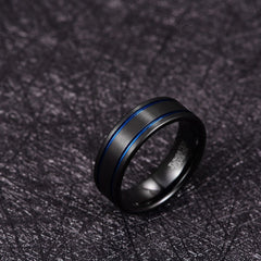 Men's 8mm Double Blue Groove Frosted Black Tungsten Carbide Ring