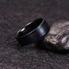 Men's 8mm Double Blue Groove Frosted Black Tungsten Carbide Ring