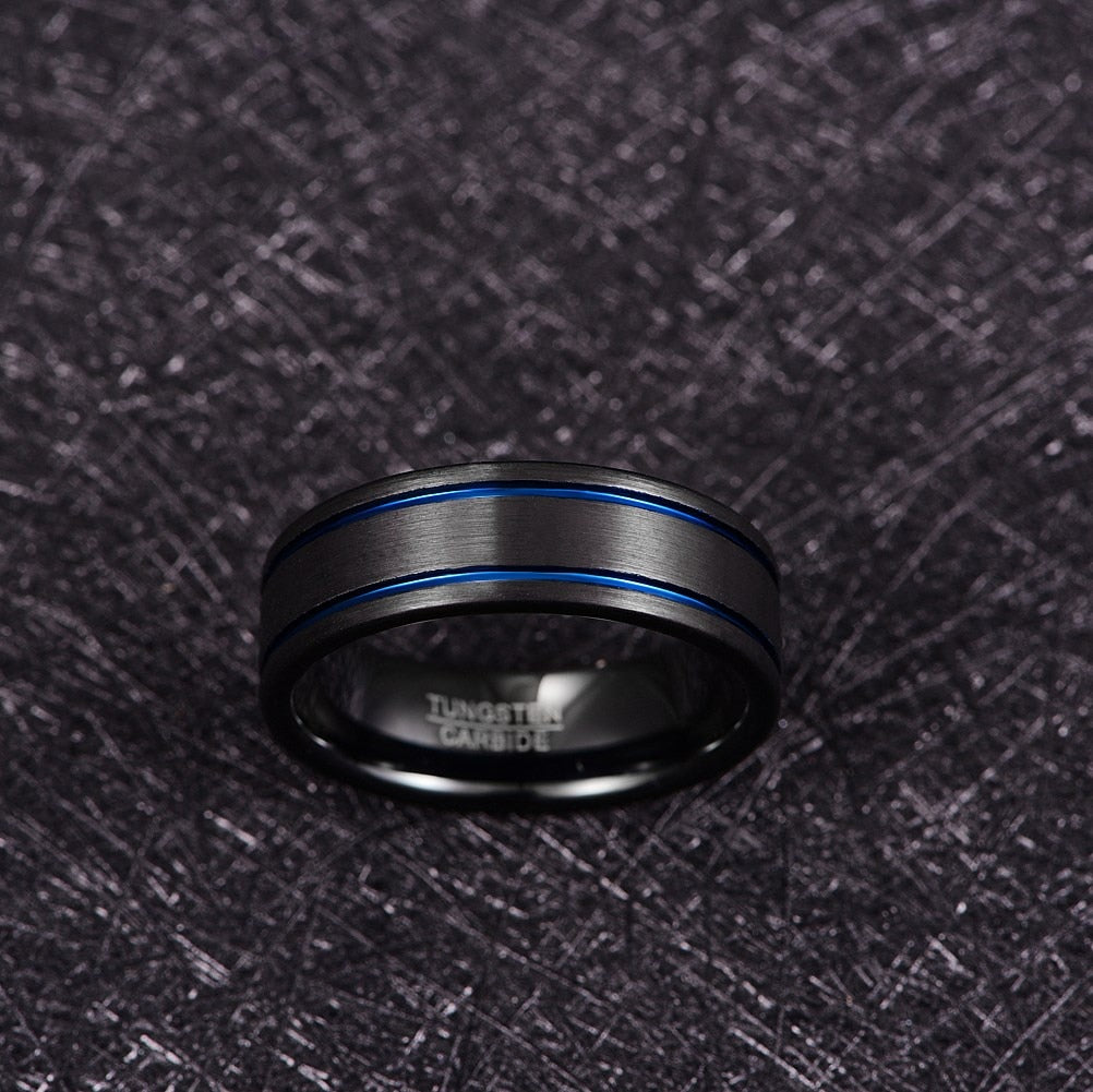 Men's 8mm Double Blue Groove Frosted Black Tungsten Carbide Ring