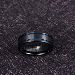 Men's 8mm Double Blue Groove Frosted Black Tungsten Carbide Ring